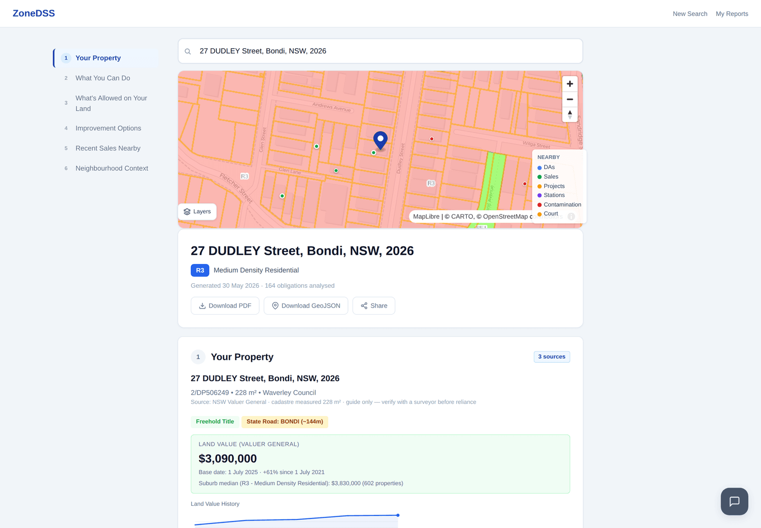 A ZoneDSS planning report for a NSW address